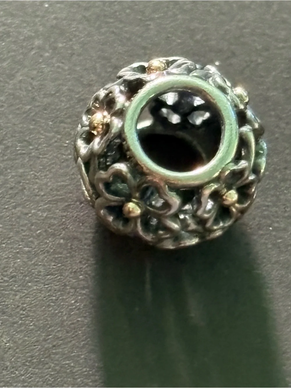 Pandora Silver Floral Openwork Charm Bead with Gold Accents